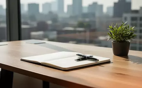 Minimalistischer, moderner Schreibtisch in einem hellen Büro mit Notizbuch und Pflanze vor einem unscharfen Fensterblick. - Foto: über boerse-global.de
