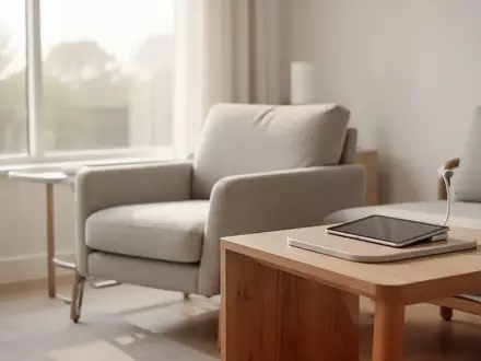 Ein helles, modern eingerichtetes Wohnzimmer mit einem bequemen Sessel und einem digitalen Tablet auf einem Holztisch. - Foto: über boerse-global.de
