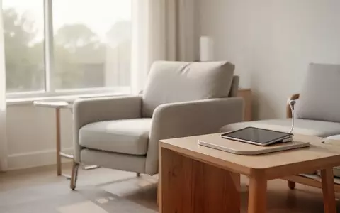 Ein helles, modern eingerichtetes Wohnzimmer mit einem bequemen Sessel und einem digitalen Tablet auf einem Holztisch. - Foto: über boerse-global.de