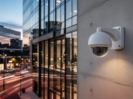 Eine moderne Überwachungskamera an einer Gebäudeaußenwand bei Dämmerung. - Foto: über boerse-global.de