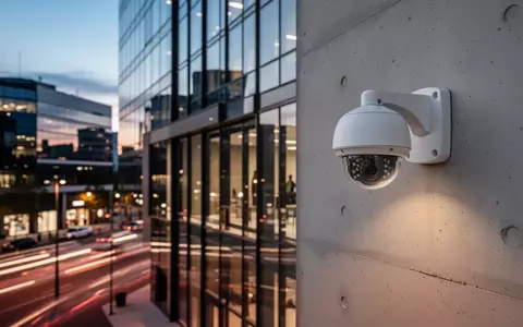 Eine moderne Überwachungskamera an einer Gebäudeaußenwand bei Dämmerung. - Foto: über boerse-global.de