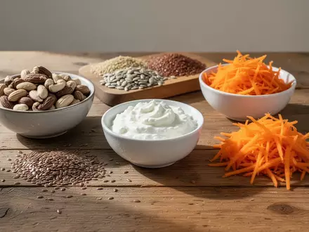 Verschiedene gesunde Zutaten wie Nüsse, Samen, Quark und geraspelte Karotten auf einem Holztisch. - Foto: über boerse-global.de