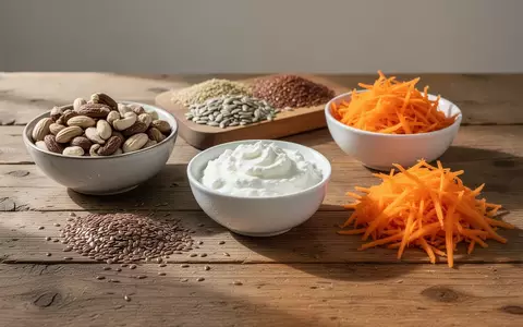 Verschiedene gesunde Zutaten wie Nüsse, Samen, Quark und geraspelte Karotten auf einem Holztisch. - Foto: über boerse-global.de