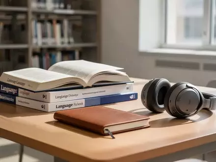 Ein minimalistischer Schreibtisch in einer Bibliothek mit Sprachlehrbüchern, einem Notizbuch und Kopfhörern. - Foto: über boerse-global.de
