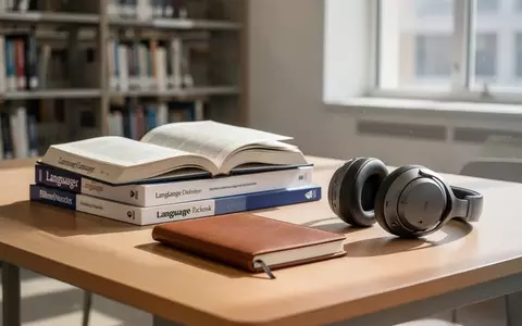 Ein minimalistischer Schreibtisch in einer Bibliothek mit Sprachlehrbüchern, einem Notizbuch und Kopfhörern. - Foto: über boerse-global.de