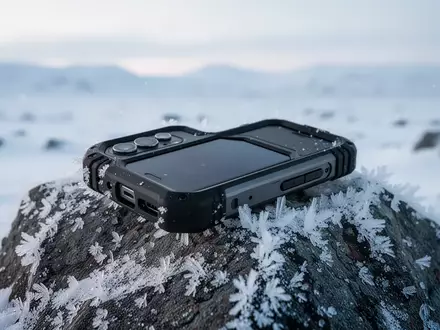 Ein robustes Smartphone in einer Schutzhülle auf einem frostigen Felsen in einer arktischen Landschaft. - Foto: über boerse-global.de