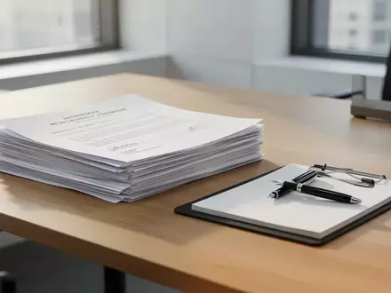 Ein ordentlicher Schreibtisch mit juristischen Unterlagen und einem Füllfederhalter in einem hellen Büro. - Foto: über boerse-global.de