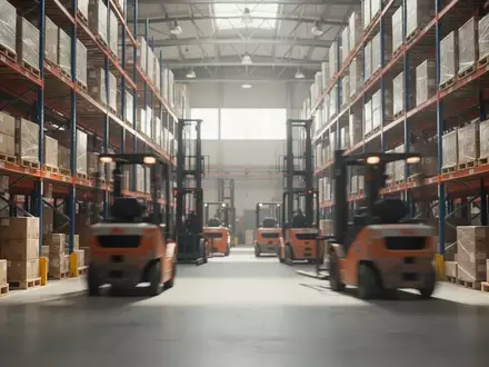 Ein industrielles Logistiklager mit Regalen und Gabelstaplern im Hintergrund. - Foto: über boerse-global.de