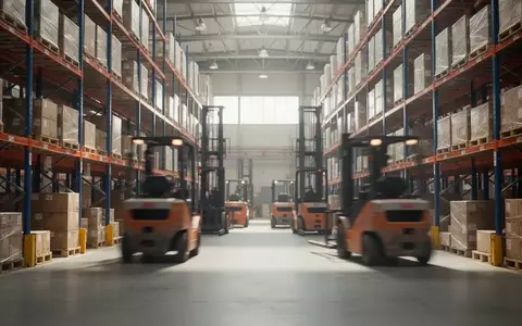 Ein industrielles Logistiklager mit Regalen und Gabelstaplern im Hintergrund. - Foto: über boerse-global.de