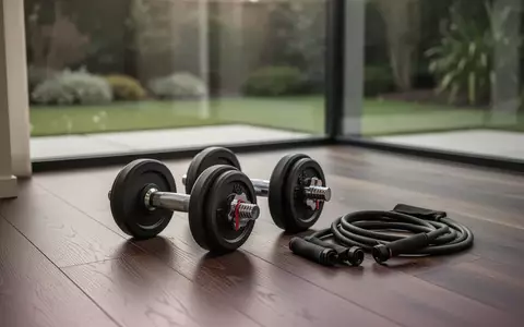Hanteln und Widerstandsbänder in einem minimalistischen Fitnessraum bei natürlichem Licht. - Foto: über boerse-global.de