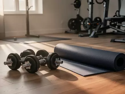 Minimalistisches Fitness-Setup mit Kurzhanteln und einer Yogamatte in einem hellen, sonnendurchfluteten Raum. - Foto: über boerse-global.de