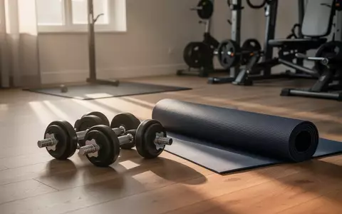 Minimalistisches Fitness-Setup mit Kurzhanteln und einer Yogamatte in einem hellen, sonnendurchfluteten Raum. - Foto: über boerse-global.de