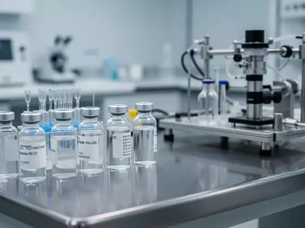 Medizinische Ampullen und Laborausrüstung auf einer sterilen Arbeitsfläche in einem biopharmazeutischen Umfeld. - Foto: über boerse-global.de