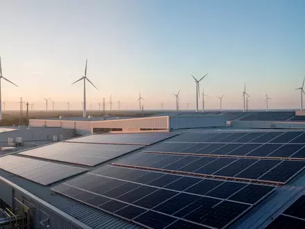 Moderne Industrieanlage mit Solarpaneelen auf dem Dach und Windkraftanlagen in der Ferne bei Sonnenaufgang. - Foto: über boerse-global.de