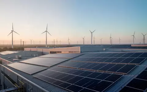 Moderne Industrieanlage mit Solarpaneelen auf dem Dach und Windkraftanlagen in der Ferne bei Sonnenaufgang. - Foto: ĂŒber boerse-global.de