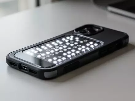 Eine technologische Smartphone-Hülle mit integrierten LEDs zur Detektion versteckter Kameras auf einer sauberen Tischoberfläche. - Foto: über boerse-global.de