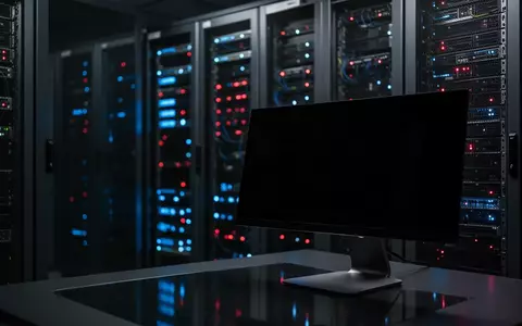 Dunkler Serverraum mit blinkenden LED-Anzeigen und einem unbenutzten, schwarzen Computerbildschirm im Vordergrund. - Foto: über boerse-global.de