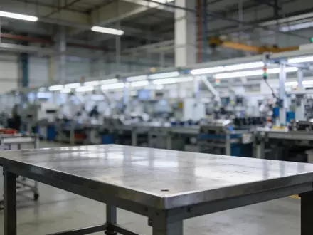 Ein moderner, leerer Arbeitsplatz in einer Industriehalle mit verschwommenen Montagelinien im Hintergrund. - Foto: über boerse-global.de