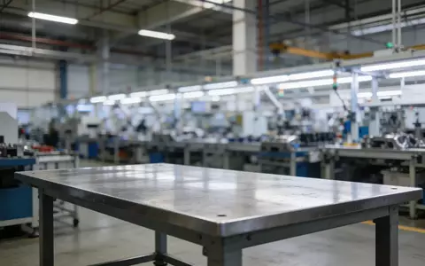 Ein moderner, leerer Arbeitsplatz in einer Industriehalle mit verschwommenen Montagelinien im Hintergrund. - Foto: über boerse-global.de