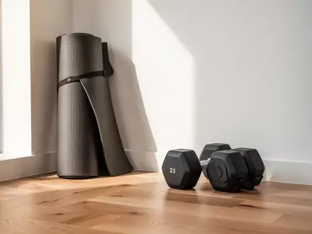 Minimalistisches Home-Gym mit einer zusammengerollten Yogamatte und zwei Hanteln auf einem hellen Holzboden. - Foto: über boerse-global.de