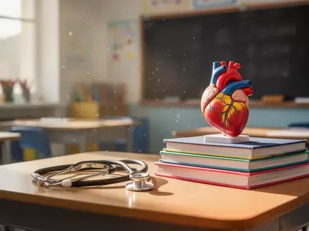 Ein Stethoskop und ein anatomisches Herzmodell auf einem Schultisch in einem hellen Klassenzimmer. - Foto: über boerse-global.de