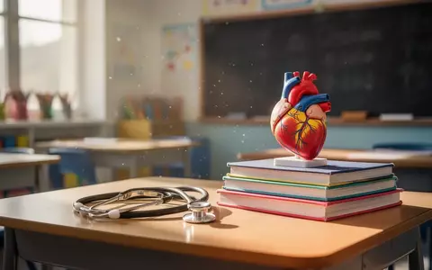 Ein Stethoskop und ein anatomisches Herzmodell auf einem Schultisch in einem hellen Klassenzimmer. - Foto: über boerse-global.de