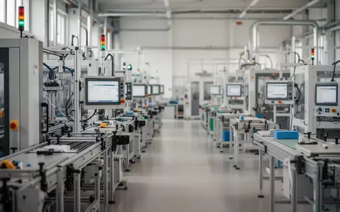 Moderne Industriehalle mit Produktionsmaschinen und Montagestationen in einer bayerischen Fertigungsstätte. - Foto: über boerse-global.de