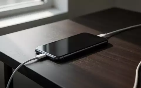 Ein modernes Smartphone liegt auf einem dunklen Holztisch neben einem Ladekabel in einer minimalistischen Umgebung. - Foto: über boerse-global.de