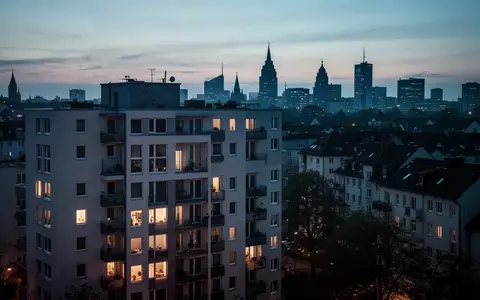 Ein modernes Wohngebäude in einem dicht besiedelten Stadtgebiet bei Dämmerung mit warm beleuchteten Fenstern. - Foto: über boerse-global.de