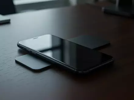 Ein ausgeschaltetes Smartphone liegt auf einem dunklen Holztisch in einer Büroumgebung. - Foto: über boerse-global.de