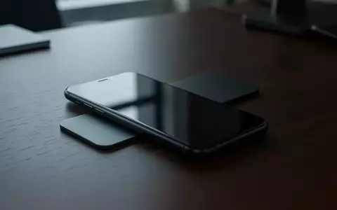 Ein ausgeschaltetes Smartphone liegt auf einem dunklen Holztisch in einer Büroumgebung. - Foto: über boerse-global.de