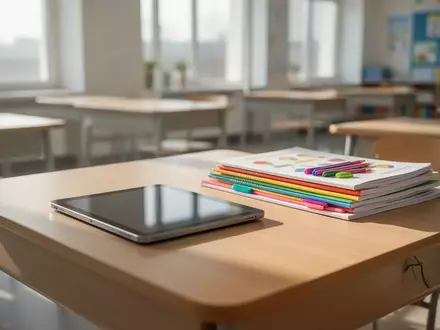 Ein moderner, heller Schreibtisch in einem Klassenzimmer mit einem geschlossenen Tablet und Schulmaterialien. - Foto: über boerse-global.de