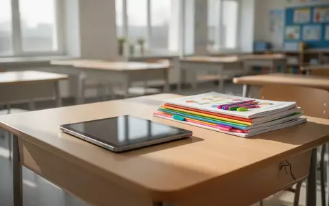 Ein moderner, heller Schreibtisch in einem Klassenzimmer mit einem geschlossenen Tablet und Schulmaterialien. - Foto: über boerse-global.de