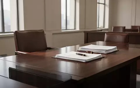 Ein leerer Gerichtssaal mit einem Holztisch und Dokumenten bei Tageslicht. - Foto: über boerse-global.de