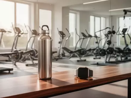 Ein minimalistisches Home-Gym mit Sportgeräten, einer Smartwatch und einer Wasserflasche auf einer Holzbank bei Tageslicht. - Foto: über boerse-global.de