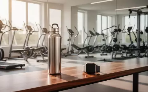 Ein minimalistisches Home-Gym mit Sportgeräten, einer Smartwatch und einer Wasserflasche auf einer Holzbank bei Tageslicht. - Foto: über boerse-global.de