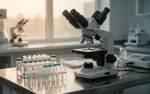 Ein steriler Labortisch mit einem Mikroskop und medizinischen Glasphiolen in einer klinischen Forschungsumgebung. - Foto: über boerse-global.de