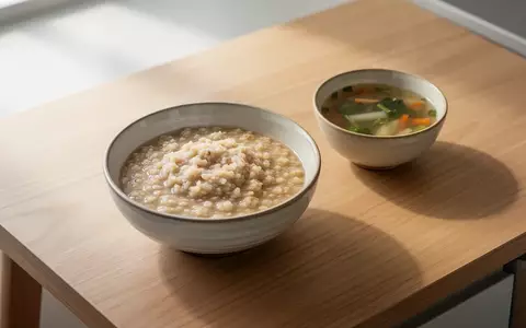 Eine Schale mit Porridge und eine Schale mit klarer Suppe auf einem minimalistischen Holztisch bei natürlichem Licht. - Foto: über boerse-global.de