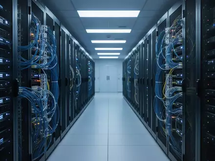 Moderne Serverinfrastruktur mit blauer Beleuchtung und Glasfaserkabeln in einem Rechenzentrum. - Foto: über boerse-global.de