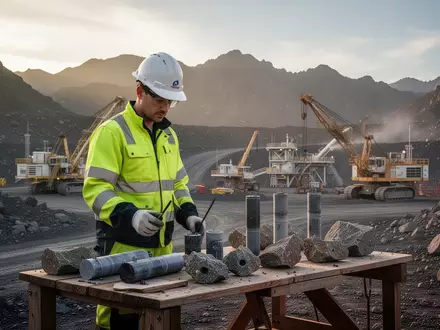 Ein Geologe untersucht Gesteinsproben auf einer modernen Bergbau-Explorationsstätte in einer bergigen Landschaft. - Foto: über boerse-global.de