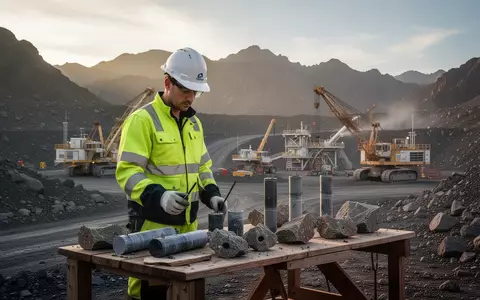 Ein Geologe untersucht Gesteinsproben auf einer modernen Bergbau-Explorationsstätte in einer bergigen Landschaft. - Foto: über boerse-global.de