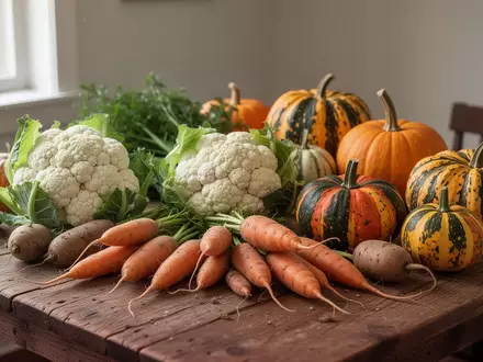Frisches Herbstgemüse wie Blumenkohl und Wurzelgemüse auf einem rustikalen Holztisch bei natürlichem Licht. - Foto: über boerse-global.de