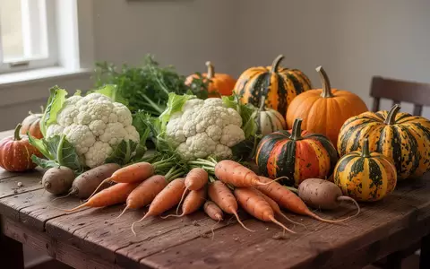 Frisches Herbstgemüse wie Blumenkohl und Wurzelgemüse auf einem rustikalen Holztisch bei natürlichem Licht. - Foto: über boerse-global.de