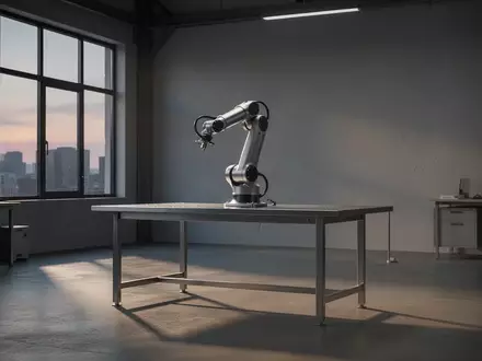 Ein moderner, leerer Arbeitsplatz in einer Industriehalle mit einem Roboterarm im sanften Licht der Abenddämmerung. - Foto: über boerse-global.de