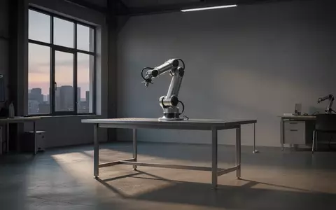 Ein moderner, leerer Arbeitsplatz in einer Industriehalle mit einem Roboterarm im sanften Licht der Abenddämmerung. - Foto: über boerse-global.de