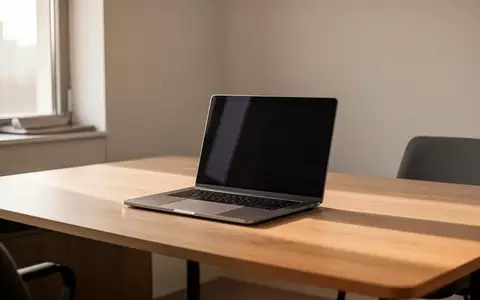 Ein minimalistischer Büro-Arbeitsplatz mit einem modernen Laptop mit schwarzem Bildschirm auf einem Holztisch. - Foto: über boerse-global.de