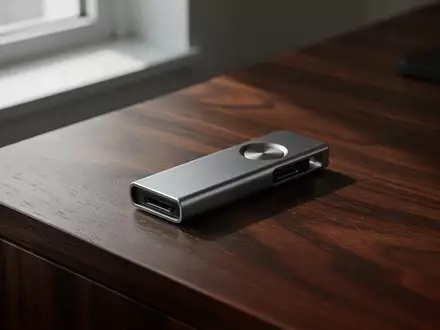 Eine Hardware-Wallet liegt auf einem dunklen Holztisch in gedimmtem Licht als Symbol für die digitale Nachlassplanung. - Foto: über boerse-global.de
