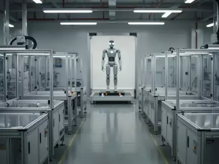 Eine moderne Fertigungshalle für humanoide Robotik mit leeren Montagestationen und industrieller Beleuchtung. - Foto: über boerse-global.de