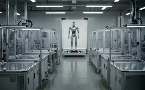 Eine moderne Fertigungshalle für humanoide Robotik mit leeren Montagestationen und industrieller Beleuchtung. - Foto: über boerse-global.de