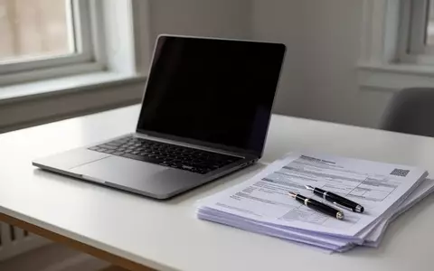 Ein minimalistischer Schreibtisch mit einem ausgeschalteten Laptop und leeren Steuerunterlagen bei natürlichem Licht. - Foto: über boerse-global.de